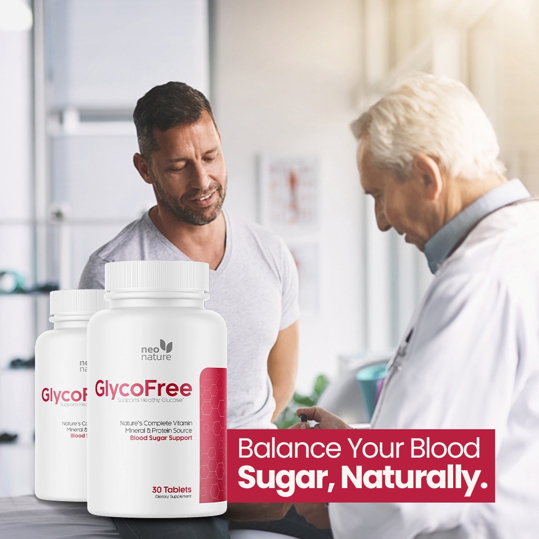 Glycofree supplement bottles in a bright consultation setting with the message balance your blood sugar naturally