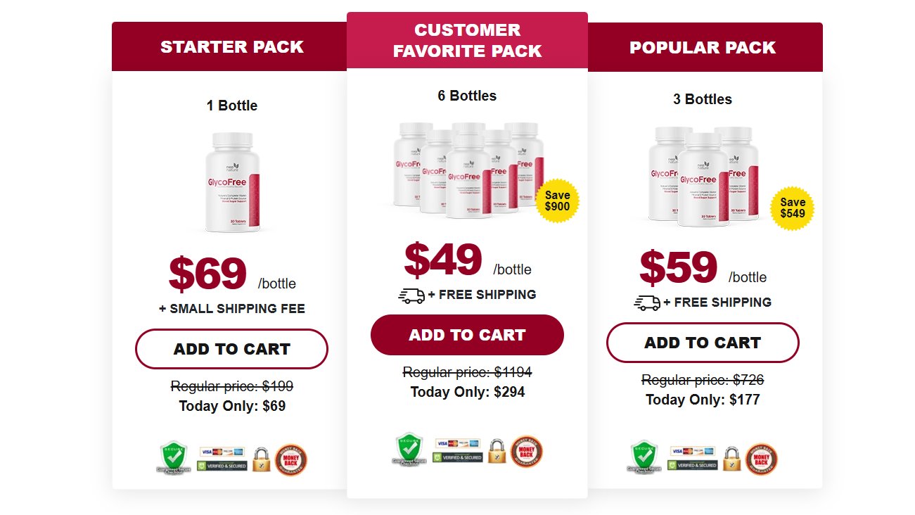 Glycofree package options as shown on the official website: starter pack, customer favorite six-bottle pack, and popular three-bottle pack